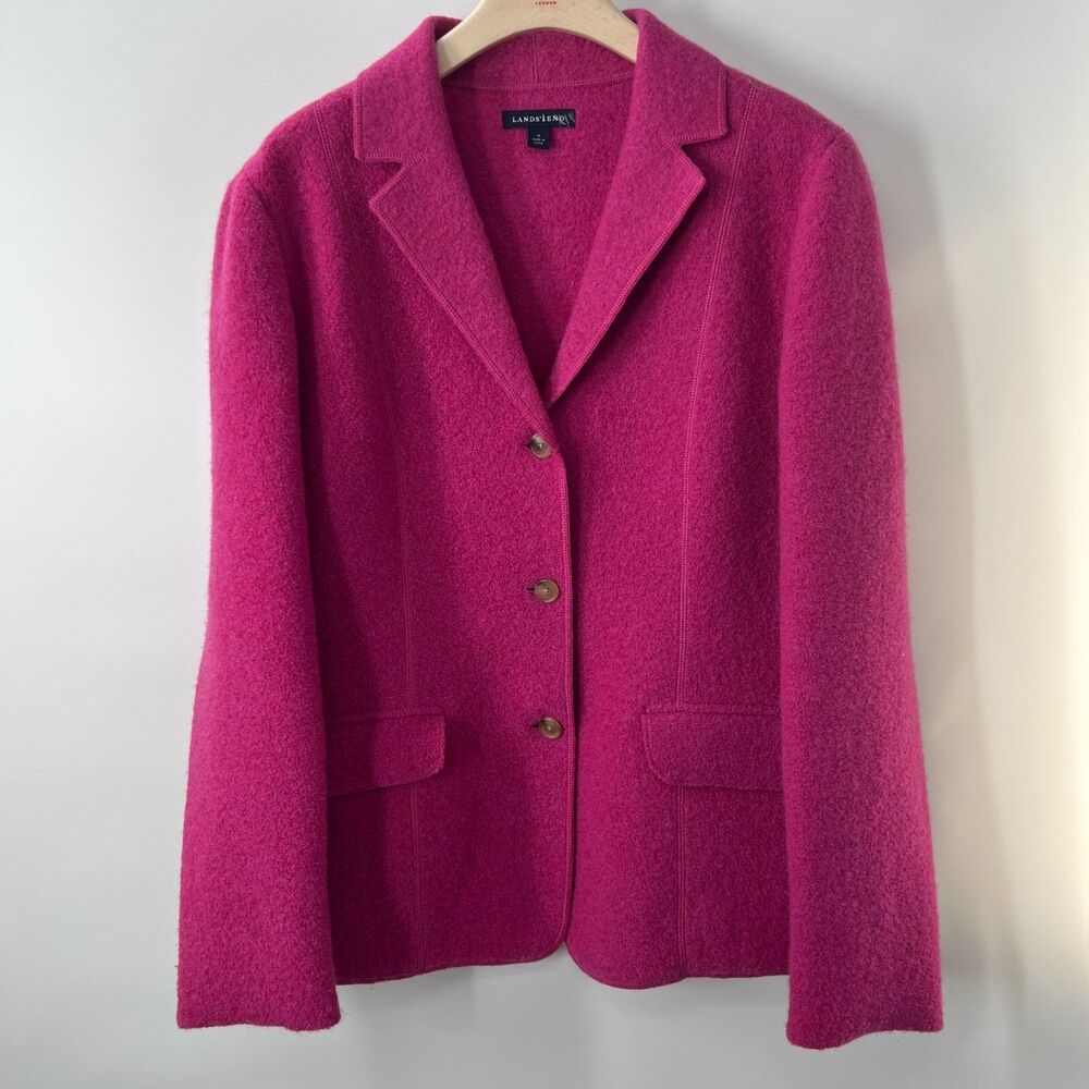 Lands End Womens size 14 Blazer Wool Pink Fuchsia Button Up Pockets